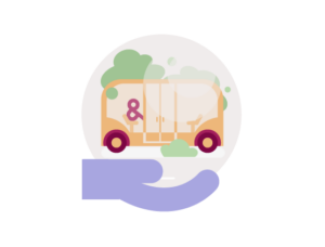 a hand holding a snow globe with an autonomous bus in it showing the future of mobility